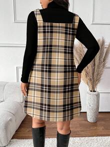 SHEIN Frenchy Casual Plus Size Solid Color Long Sleeve Top & Plaid Sleeveless Dress 2 Pieces Set - Khaki - View 2