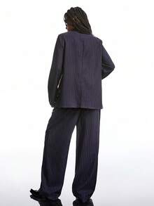 LYSMO Women's Casual Commuter Striped Blazer Vest And Pants Suit Set In Fall/Winter - Navy Blue - View 2