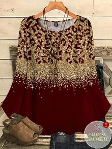 EMERY ROSE Plus Size Women Casual All-Over Print Round Neck Loose 3/4 Sleeve Shirt, Autumn/Winter Spring - Multicolor - View 1