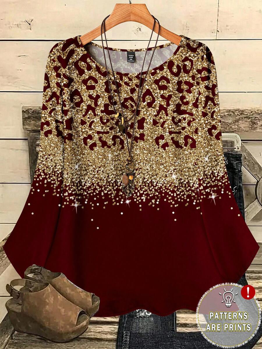 EMERY ROSE Áo sơ mi tay 3/4 cổ tròn in họa tiết toàn thân cỡ lớn dành cho nữ, mùa thu/đông - Nhiều màu - Xem 1