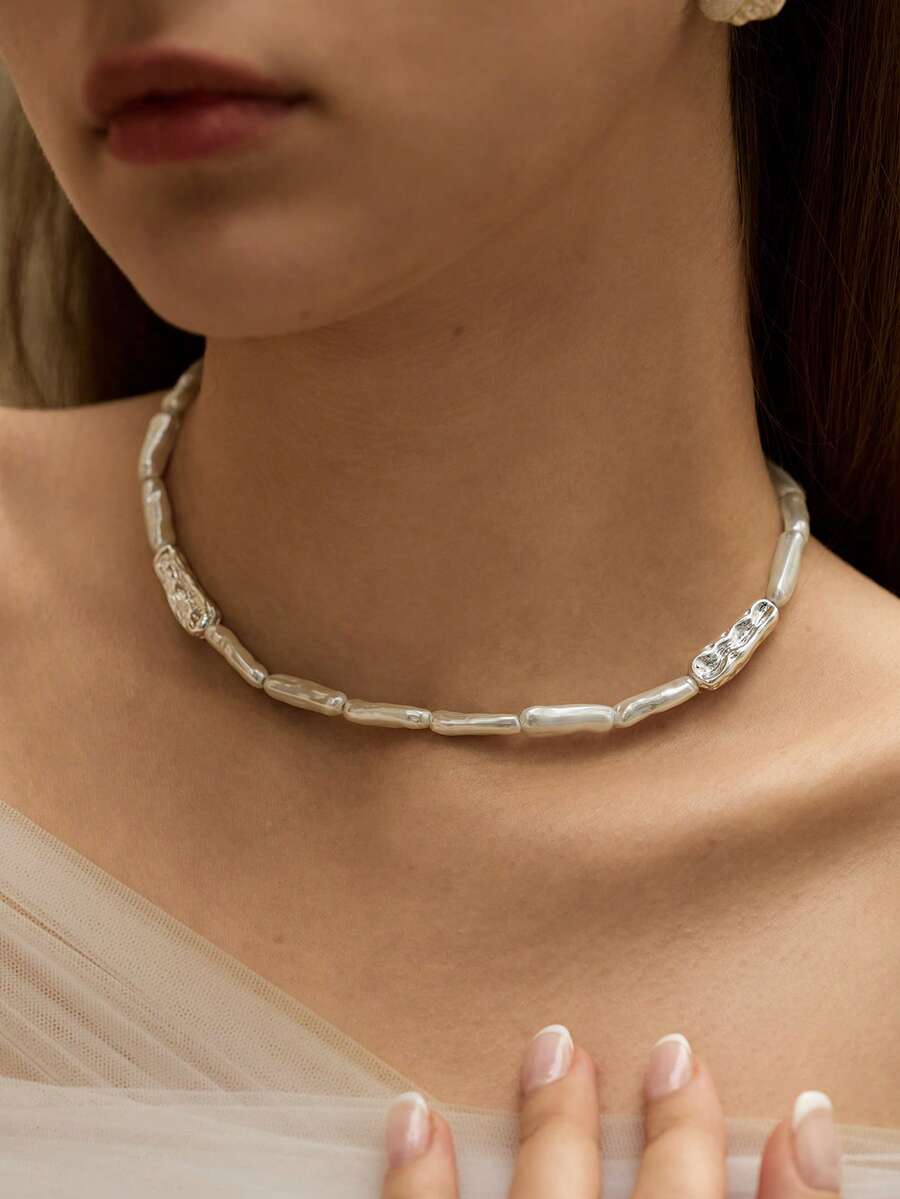 Opalesca 1pc Asymmetrical, Pearl Necklace,Outfits,Beaded,Wedding/Bridal Accessories,Fairycore/Fairy,Charm Necklace,Pearl,Elegant - Silver - View 1