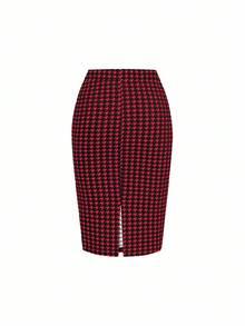 Ellevyn Plus Size Elegant Commuter Houndstooth Blazer & Skirt Suit - Red - View 3