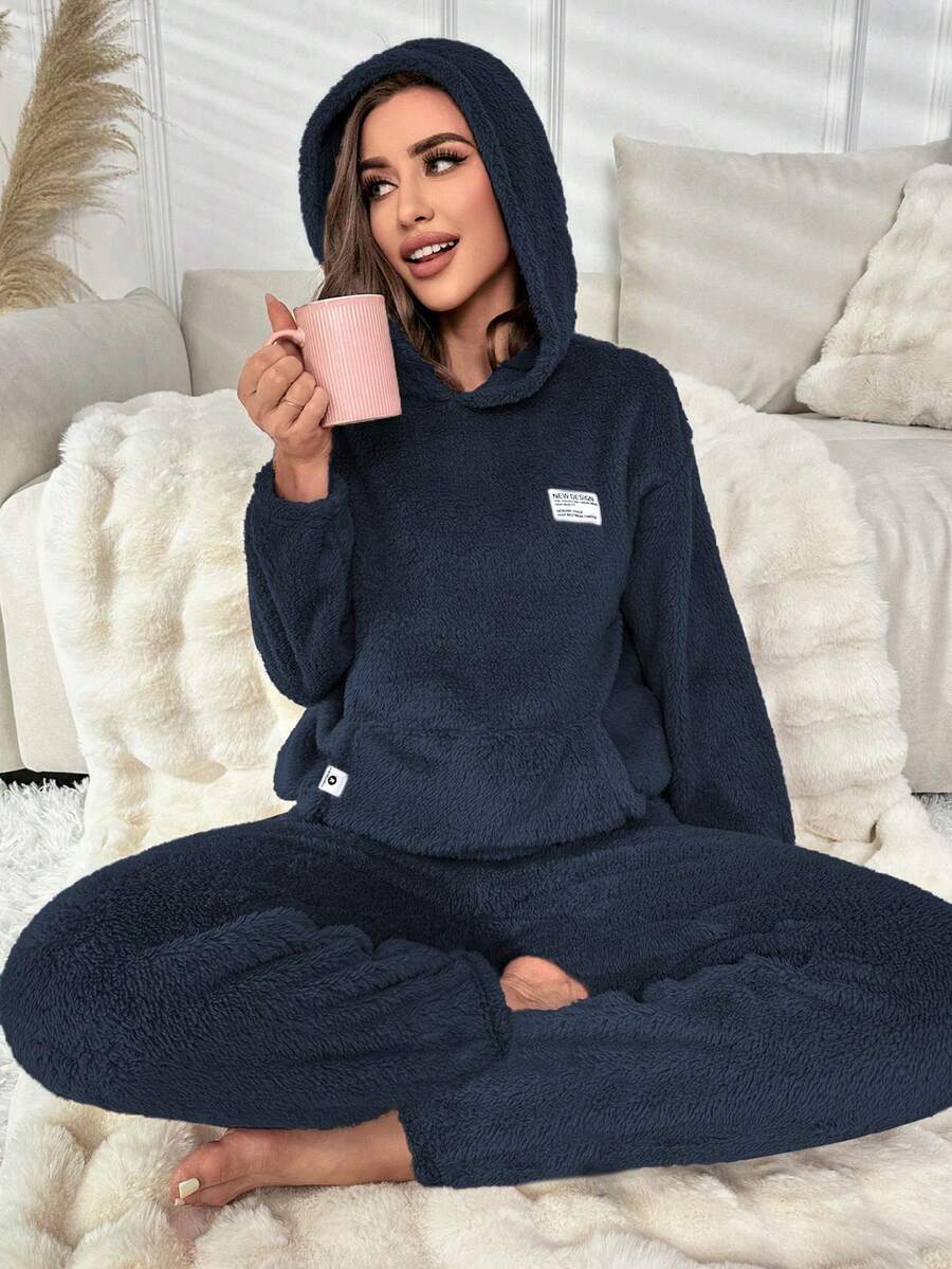 SHEIN Women's Solid Color Drop Shoulder Long Sleeve Hooded Fluffy Warm Winter Pajama Set Cozy Sets Women Women Lounge Set Navy Blue Pajama Set Matching Lounge Set Comfy Set - Blue - View 1