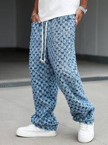 Manfinity EMRG American Checkered Denim Jeans With Fringe - Blue - View 7