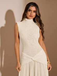 SHEIN BAE 优雅加长无袖高领纯黄色连衣裙，黄色连衣裙，米黄色连衣裙，生日连衣裙，约会连衣裙，节日派对连衣裙，宴会连衣裙 - 杏色 - 查看 3