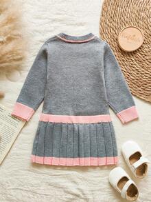 Playful Pals Babygirl Infant & Baby GirlRound Neck Long Sleeve Knitted Casual Cute Bear Embroidered Pleated Dress, Suitable For Camping, Vacation Or Daily Casual Wear In Mild Weather, Spring And Autumn
