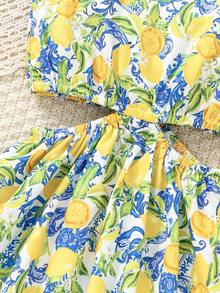 SHEIN Young Girl Lemon Print Hollow Out Waist Strap Vacation Dress, Summer - Multicolor - View 3