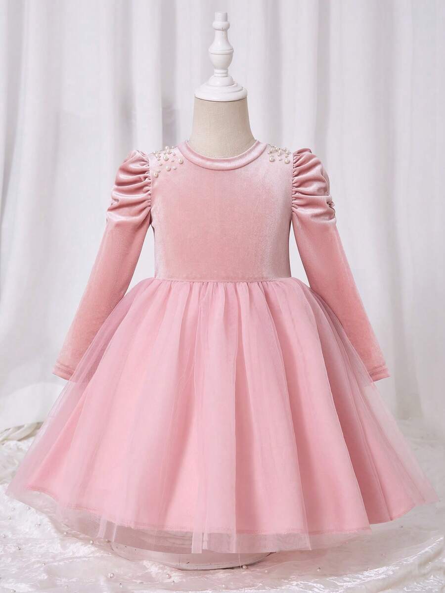 Glamorique Kids 女童红色泡泡袖珍珠装饰时尚连衣裙，网纱设计，适合圣诞节及各种场合