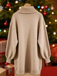 SHEIN Tall CURVE Đầm len nữ dáng rộng, thoải mái, cổ cao, tay phồng, phối màu độc đáo, họa tiết hươu và bông tuyết ngộ nghĩnh, mang không khí Giáng sinh mùa Thu/Đông. - Nhiều màu - Xem 2