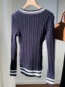 SHEIN EZwear Women V-Neck Long Sleeve Fitted Sweater, Stripe Pattern, Autumn/Winter,Tops For School - Navy Blue - View 2