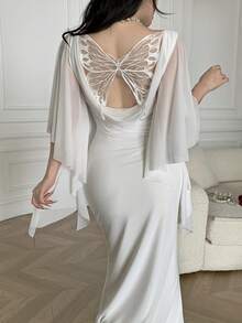 Feyla Women's Elegant Long Dress With Butterfly Embroidery, Mesh Patchwork And Ruffle Sleeves Party Dress - White - View 1