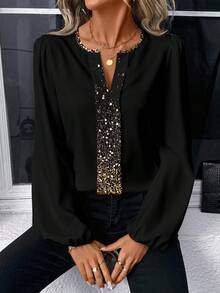 EMERY ROSE Elegant Casual Minimalist Commute Retro Puff Sleeve Long Sleeve Women's Shirt With Faux Sequin Print Pattern - Spring/Autumn Top For Valentine's Day, Party, New Year's Eve, Date Night, Wedding Guest, - Multicolor - View 4