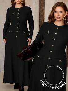 Roveilla Plus Size Women's Textured Elastic Round Neck Front Metal Button A-Line Long Sleeve Dress, Elegant Vintage French Office Commute Business Casual Streetwear, Versatile Autumn/Winter Formal Party Christmas New Year Dress Black Dress Women Black Elegant Dress Button Dress Elegant Curve Dress Plus Size Black Dress - Black - View 6