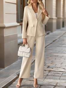 Balvessa 女士商务正式翻领西装外套和阔腿裤套装，简约百搭 - 杏色 - 查看 8