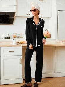 Doze Lane Soft Knit Floral Mesh Contrast Color French Casual Cardigan With Buttons, Loungewear/Sleepwear Set Pajama Sets For Women Black Long Sleeve Lounge Set - Black - View 3
