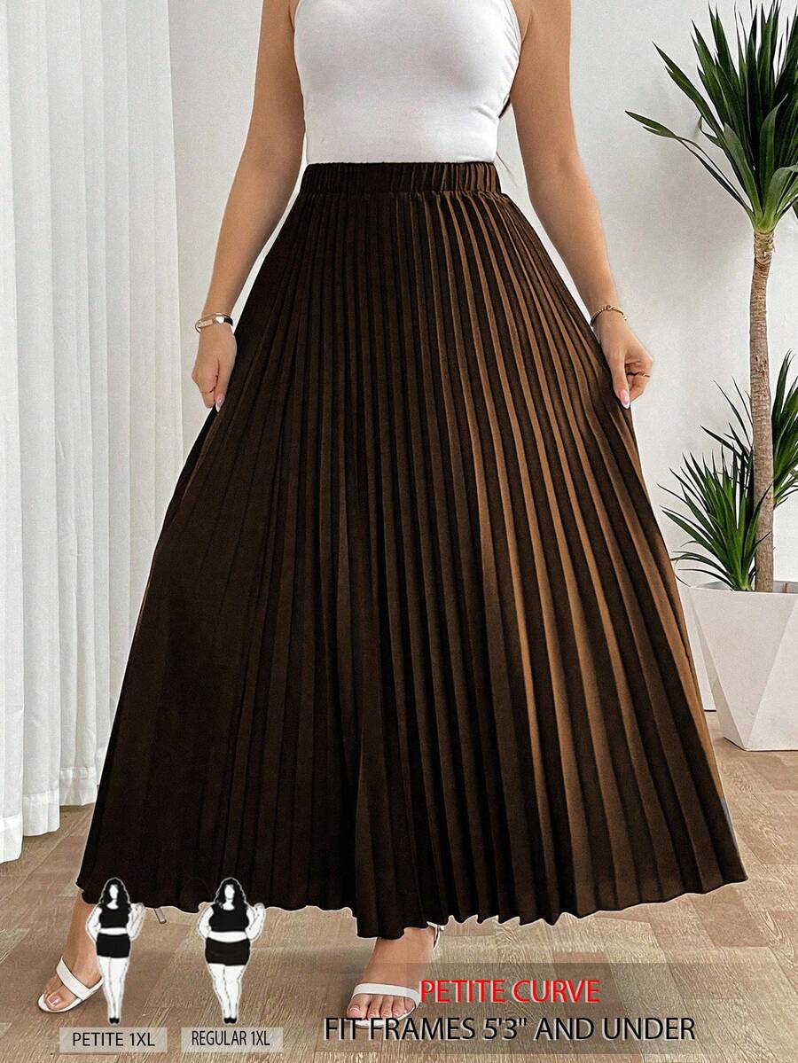 SHEIN CURVE+ Chân váy phồng thanh lịch dành cho nữ cỡ lớn, thiết kế eo chun, phù hợp mặc hàng ngày và đi nghỉ mát, màu đen. - màu nâu - Xem 1