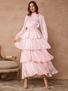 Enchnt Spring/Summer Romantic Women's Pastel Pink Flowing Chiffon 3D Floral Long Sleeve Maxi Dress,Sweet&Elegant For Party&Date&Holiday&Going Out,Winter Clothes For Women,New Year Outfit - Pink - View 5