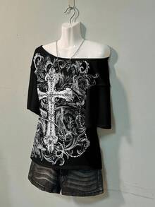 Attitoon Áo thun nữ tay ngắn, dáng rộng, hở vai, phong cách punk cổ điển, họa tiết cỏ xoăn, hình vương miện và chữ thập, thích hợp cho mùa xuân/hè, vintage, casual, gợi cảm, dễ thương, Y2K, Coconut Girl, Boho, kỳ nghỉ, nghỉ xuân, sẵn sàng cho bữa brunch, màu xanh nhạt, chuyến đi chơi của các cô gái, phong cách neon bãi biển, Bohemian, Hippie, lễ hội âm nhạc. - Nhiều màu - Xem 5