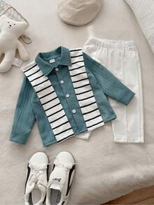 SHEIN Baby Boy Spring And Autumn Casual Multi-Functional Comfortable Striped Shawl, Lapel Long-Sleeved Shirt And Straight-Leg Trousers Three Pieces Set - Dark Green - View 5