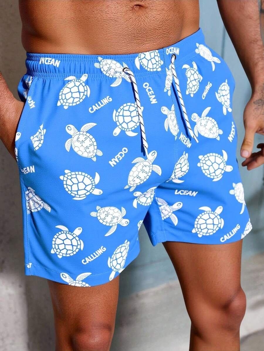 Manfinity VDAYZ Męskie spodenki kąpielowe z nadrukiem żółwia morskiego, ściągane w pasie, z kieszeniami, kąpielówki plażowe, strój kąpielowy na basen