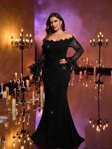 Glamrae Plus Size Elegant Red Off-Shoulder Floral Decor Long Sleeve Sheer Lace Patchwork Ruched Waist Mermaid Hem Formal Gown(Heavily Embellished Design) - Black - View 6