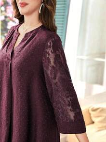 Lacomfia 女士优雅提花蕾丝拼接宽松休闲中长连衣裙 - 酒紅色 - 查看 3