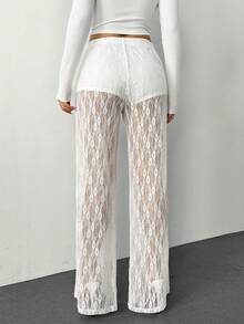 SHEIN PETITE Women's Elastic Waist Floral Lace Straight Loose Fashion Pants Sheer Pants Mesh Pants - White - View 3