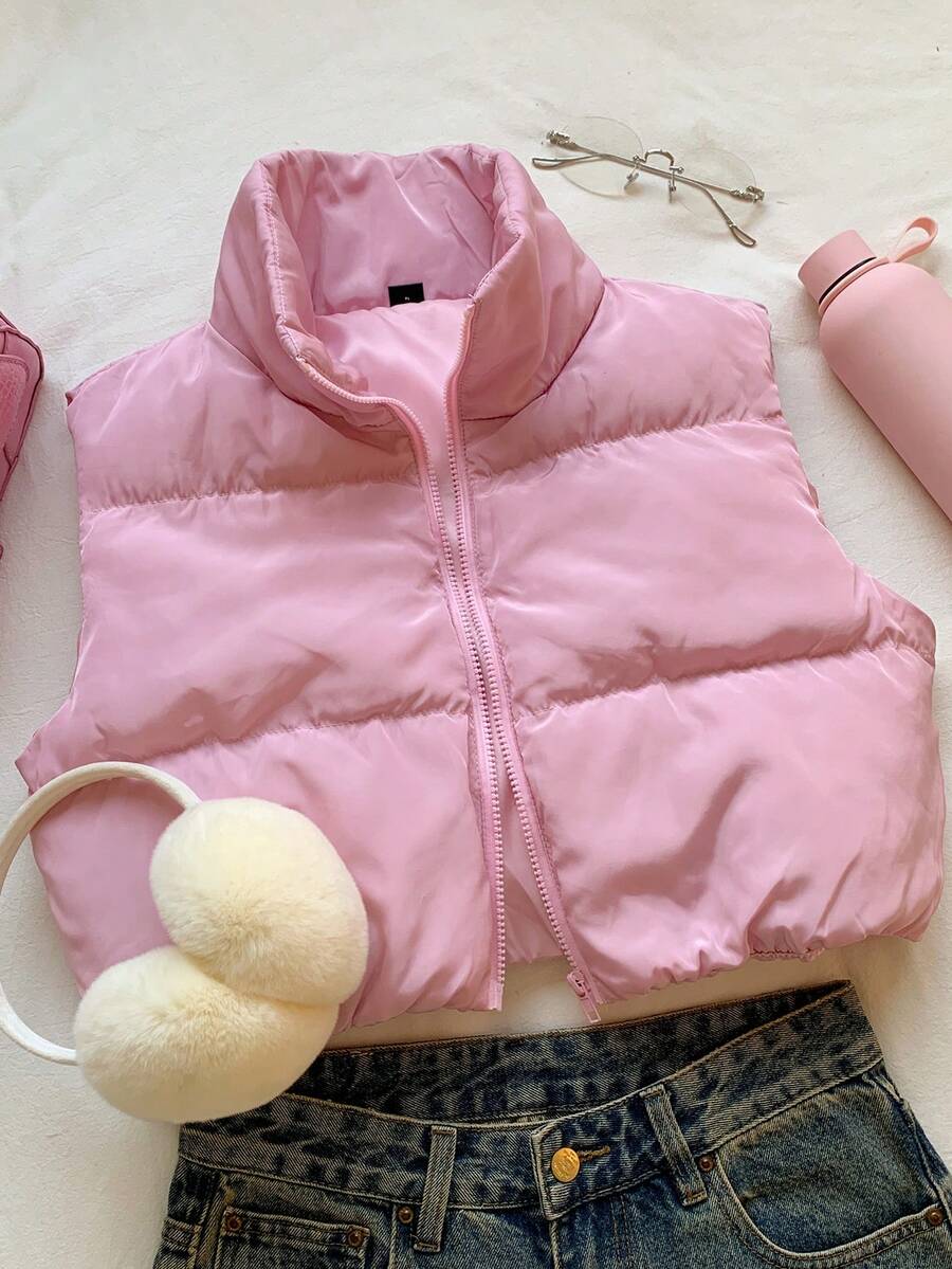 CovetEZ Women's Solid Color Zip-Front Short Padded Vest Jacket, Winter - Pink - View 1