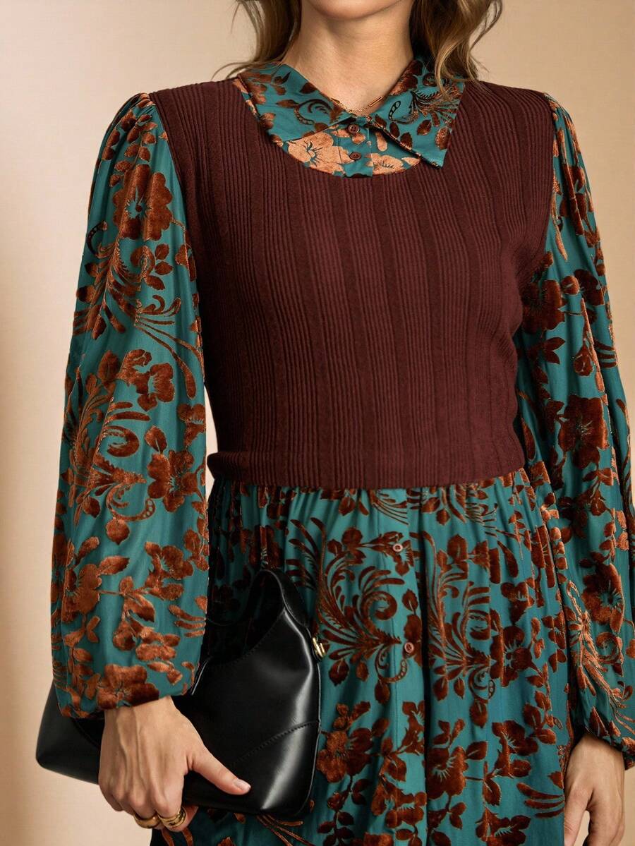 SHEIN LUNE Plus Size Women Floral Patchwork Lantern Sleeve Casual Blouse Top - Multicolor - View 1