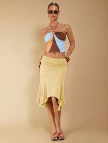 COSMINA Chân váy nữ màu nâu xếp ly bất đối xứng thanh lịch, thích hợp cho kỳ nghỉ xuân/hè, chân váy bất đối xứng, ngày Valentine, tiệc tùng, chân váy vạt trước ngắn vạt sau dài, chân váy màu vàng cho nữ, chân váy midi, chân váy đuôi cá. - Vàng nhạt - Xem 4