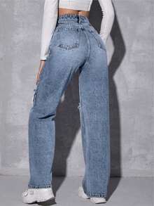 Jeans Rasgados Mezclilla Casual De Pierna Ancha Para Mujer Pantalón - Azul lavado medio - Ver 3