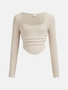 SHEIN 少女休闲街头风褶皱U领长袖罗纹针织修身T恤搭配褶裥阔腿运动裤套装，适合居家、外出和上学穿着。 - 杏色 - 查看 4