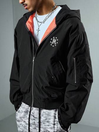 Street Life Men's Letter & Pentagram Print Zip-Up Hooded Winter Jacket