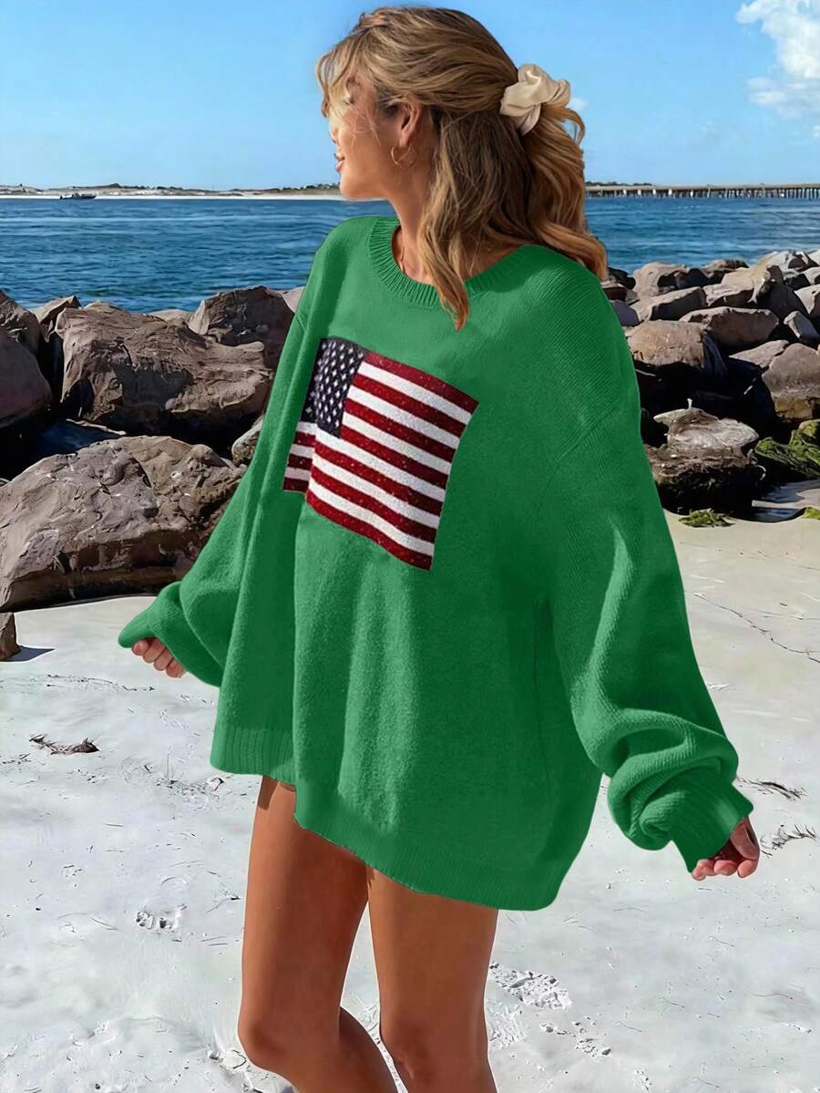 Chiquease Women's Loose Round Neck Drop-Shoulder Sweater With American Flag Pattern For Spring And Autumn, Knit Pullover Fall Winter - Green - View 1