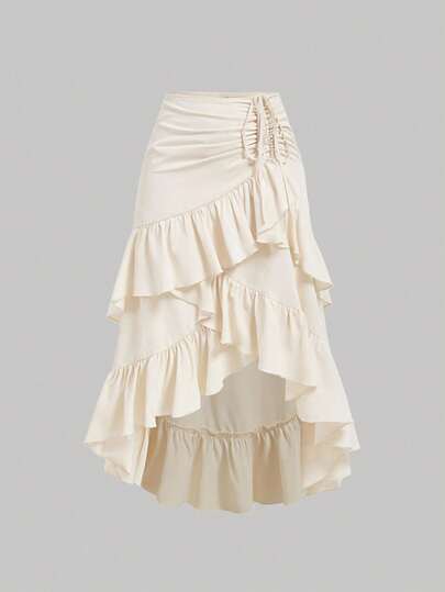SHEIN MOD Jupe d'été crème abricot pour femmes avec ourlet asymétrique, taille à cordon, volants superposés, jupe de fête, jupe bohème, jupe de déjeuner