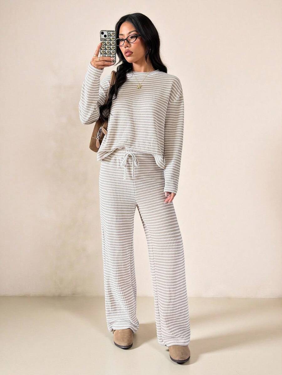 SHEIN PETITE 条纹长袖上衣和裤子两件套休闲度假套装，女士秋季服装