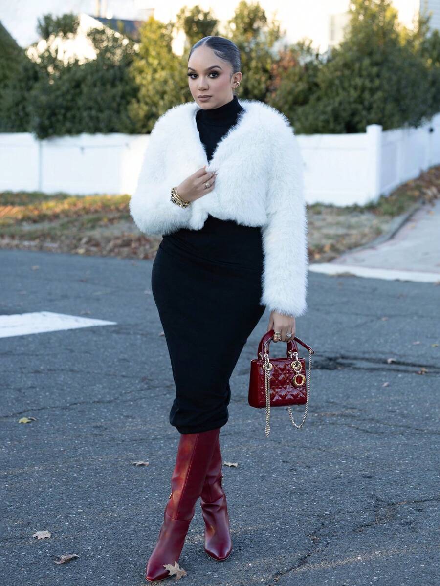 Melissa Matos 1 件女式常规款纯色针织毛绒面料前开长袖短夹克，度假装 - 白色 - 查看 1