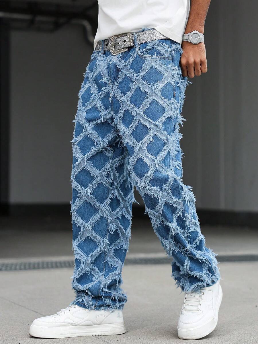 Manfinity EMRG Quần jeans denim jacquard rách rưới kiểu cổ điển, unisex - Màu xanh lam - Xem 1