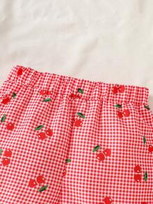SHEIN Vintaside Kids 2件套女婴春夏度假风樱桃格子印花吊带上衣和短裤 - 紅色 - 查看 8