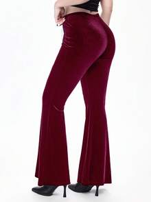 ROMWE Gothic Style Velvet Ankh Embroidered Flare Pants For Women - Burgundy - View 3