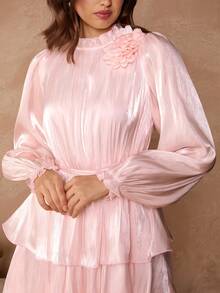 Enchnt Spring/Summer Romantic Women's Pastel Pink Flowing Chiffon 3D Floral Long Sleeve Maxi Dress,Sweet&Elegant For Party&Date&Holiday&Going Out,Winter Clothes For Women,New Year Outfit - Pink - View 2