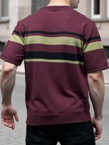 Manfinity Homme Men's Casual Commuting Contrast Stripe Pattern Short Sleeve Knit Top, Summer - Burgundy - View 2