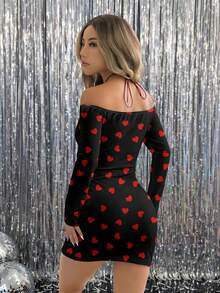 SHEIN EZwear Casual Sexy Style Full-Width Black Background Red Heart Print Pattern Women's Off Shoulder Dress, Suitable For Spring/Summer, Valentine's Day, Party Carnival - Multicolor - View 2