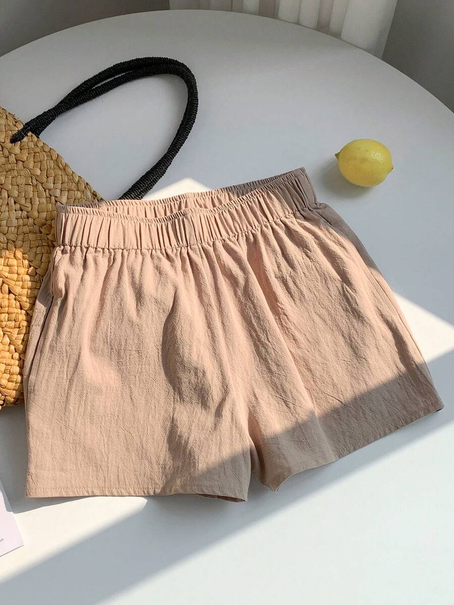 SHEIN EZwear 女士春季时尚纯色杏色弹力腰短裤