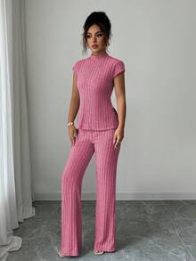 Elenzga 2pcs/Set Casual Elegant Ribbed Short Sleeve Top And Pants - Hot Pink - View 5