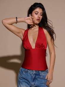 SHEIN BAE Yellow Satin V-Neck Backless Tie Camisole, Party Cocktail Top, Formal Occasion Top, Sexy Women's Satin Blouse, Christmas, Cocktail Party, Business Casual Wear, Outerwear - Red - View 6