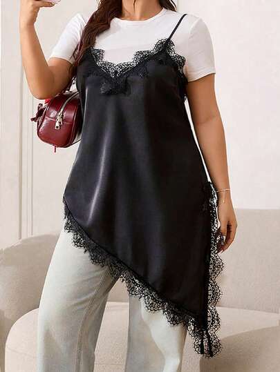 Solflare Plus Size Women Asymmetrical Hem Lace Patchwork Camisole Top,Fall /Autumn/Winter/Summer,Christmas,New Year,Thanksgiving,Party,Wedding,Beach,Graduati,Chic,Elegant,Casual,Going Out,Date,Appointment,Commute,Sexy,