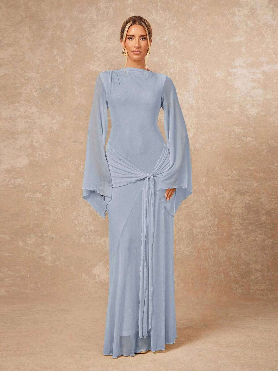 Lumalex Women's Loose Sheer Dress With Tie-Up Sash And Flowy Sleeves Light Blue Long Dress Baby Blue Maxi Dress - Blue - View 1