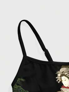 ROMWE Avant 女士中国书法性感朋克系带低胸露背吊带背心 - 黑色 - 查看 4