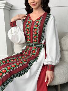 SHEIN White,Autumn,Elegant,Bachelorette Party,Family Matching Vintage Geometric Retro Print Waist Cinched Long Sleeve Lantern Sleeve Arabic Jalabiya Dress - Multicolor - View 6